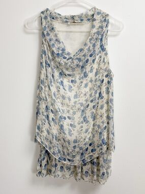 Cosmo Silk Cowl Neck Blouse Women Small Blue Floral Made in Italy Sleeveless